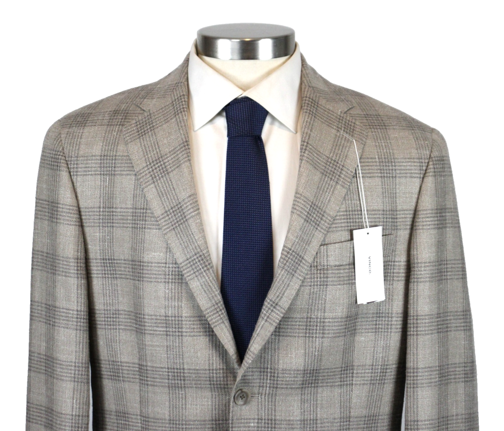 Vince Sport Coat 42 R Mens Tan Plaid Unstructured Wool Silk Linen Slim Blazer - Picture 3 of 13